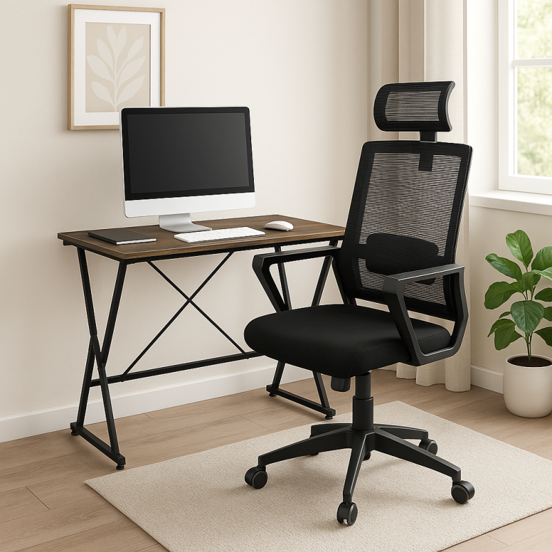 Сучасне чорне офісне крісло з ергономічною сіткою та підголівником Остин