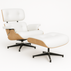 Крісло Релакс з отоманкою, біла шкіра, колір дерева ясен