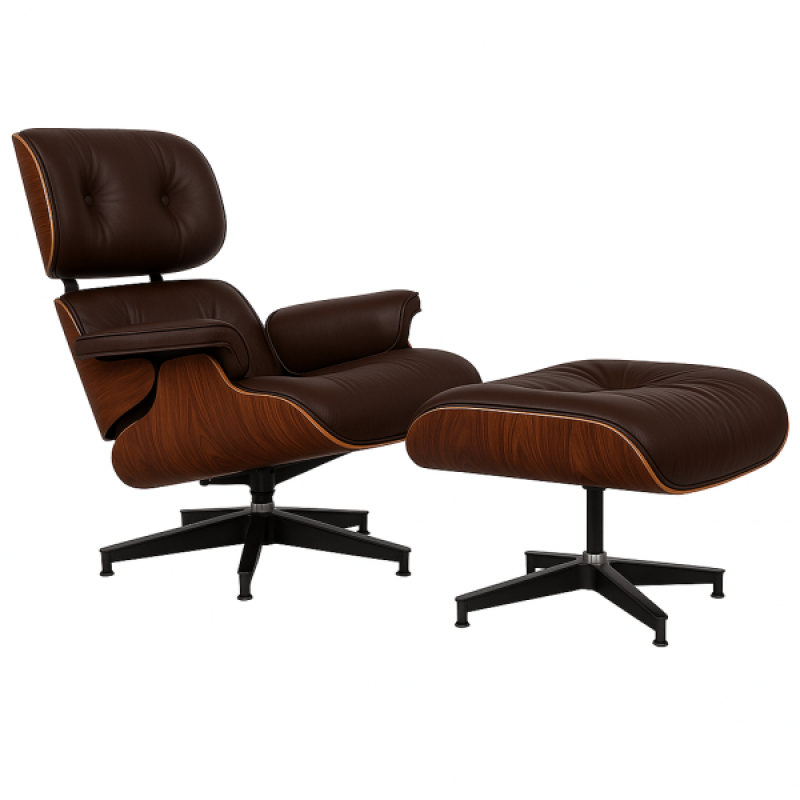 Крісло Релакс з отоманкою, коричнева шкіра, колір дерева палісандр