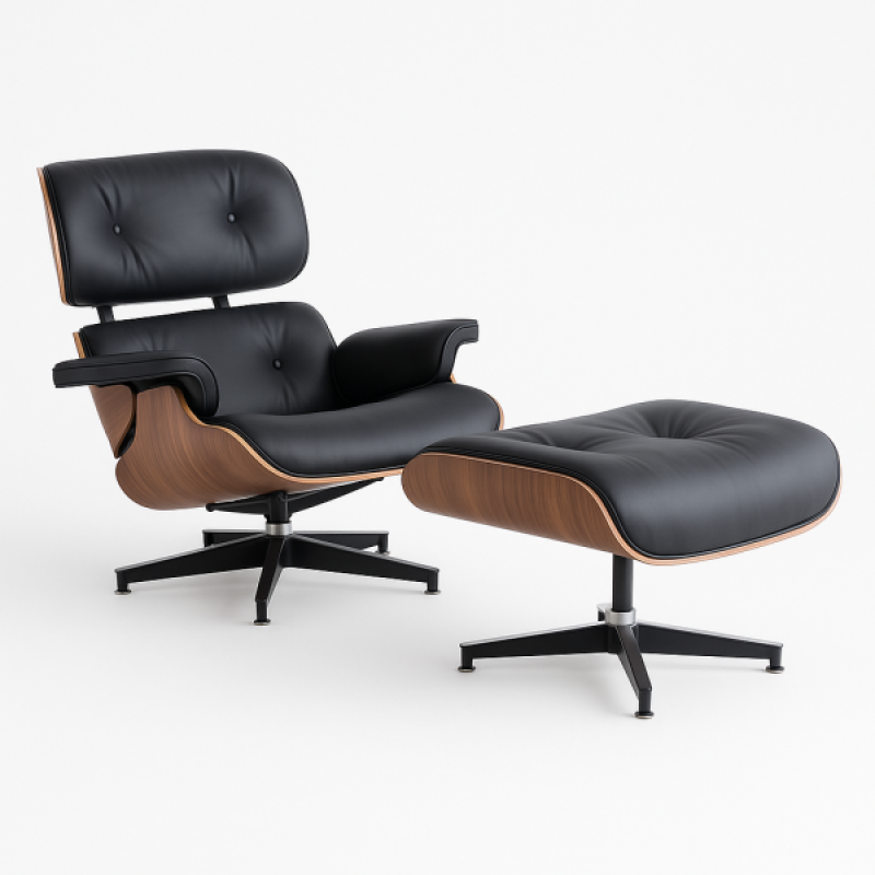 Крісло Релакс з отоманкою, чорна шкіра, колір дерева горіх