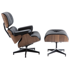 Крісло Релакс з отоманкою,чорна екошкіра, колір дерева горіх