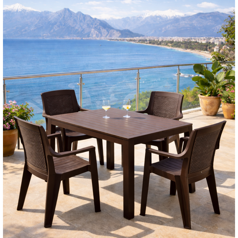 Комплект меблів 4 стільці Мілан + садовий пластиковий стіл Лорі коричневий